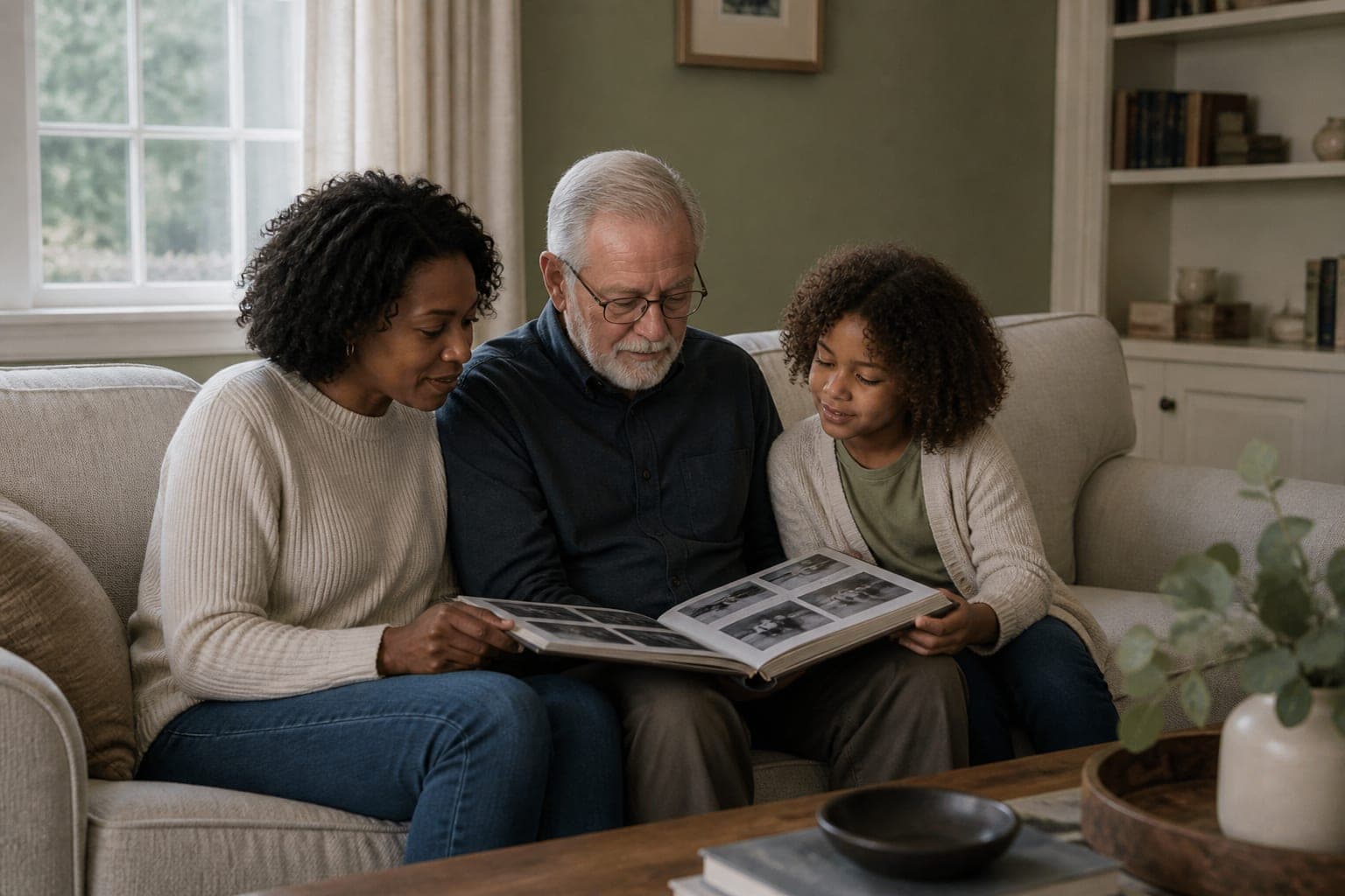 Family sharing photographs together