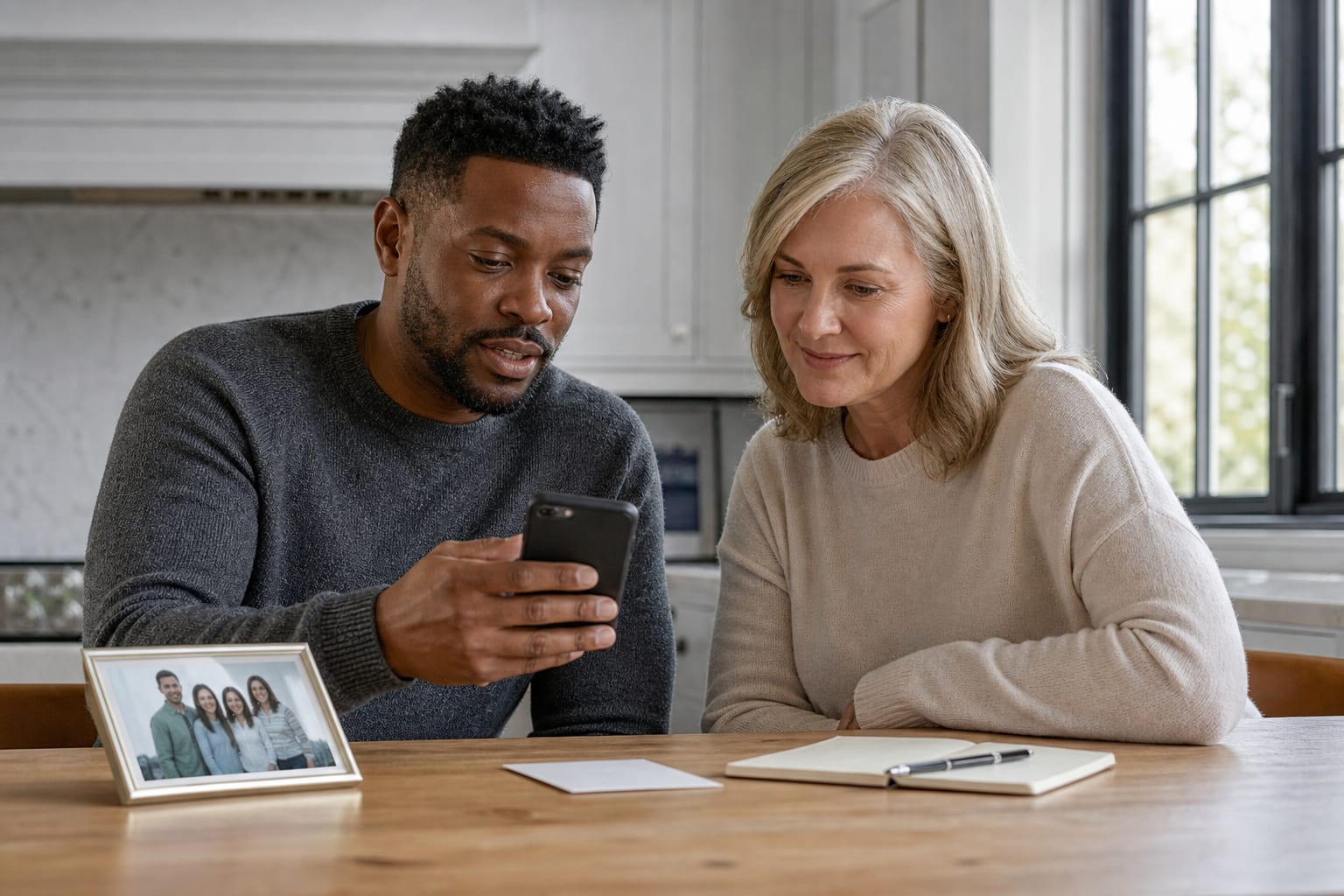Family members sharing important details together at a table