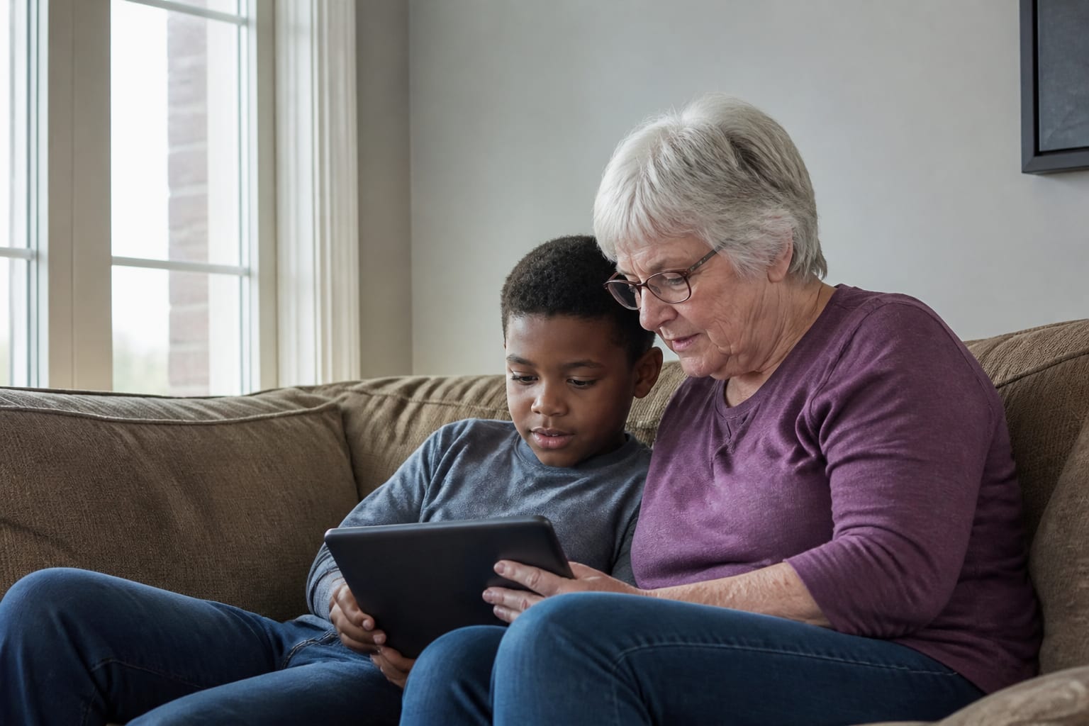 An older adult and a younger relative watching a gathering from a Western living room