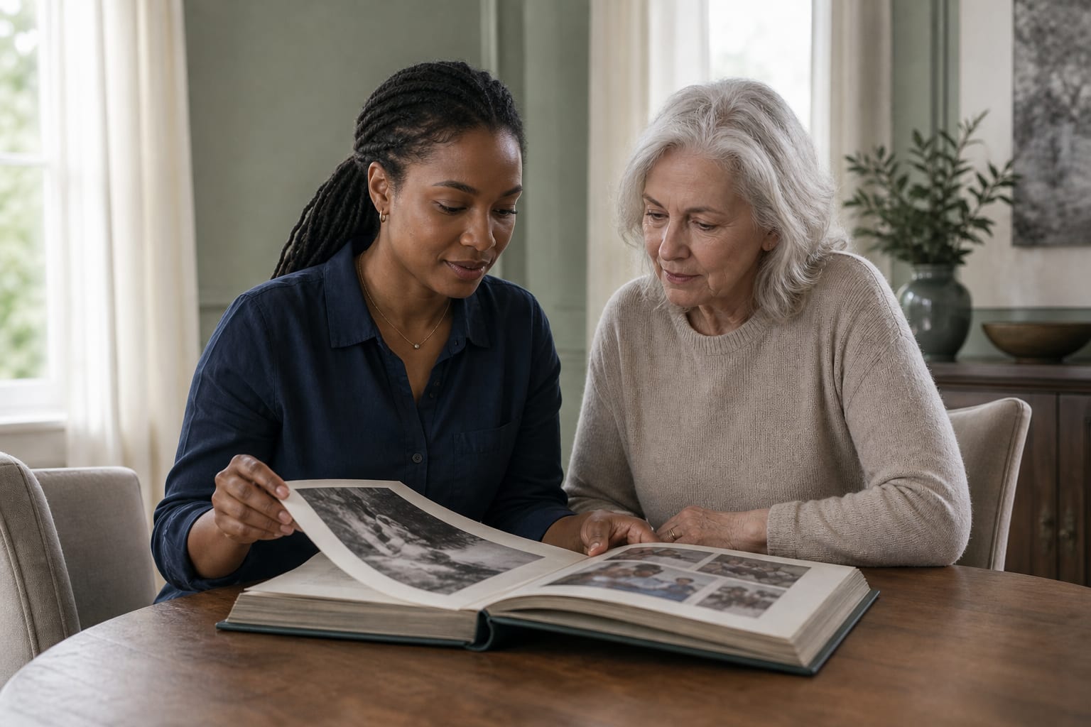 Someone quietly sharing a family album with an elder