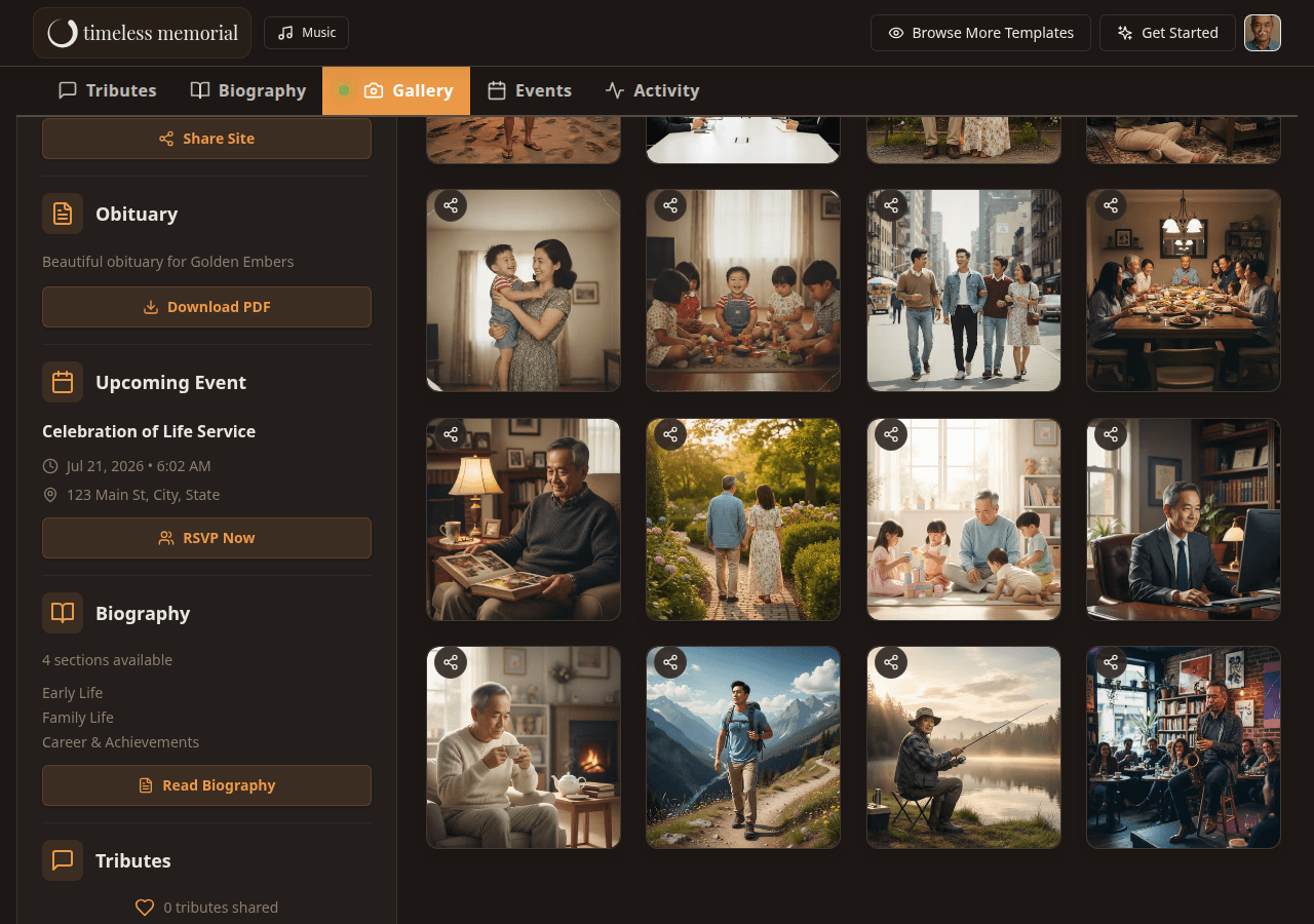 Screenshot of a Timeless Memorial gallery