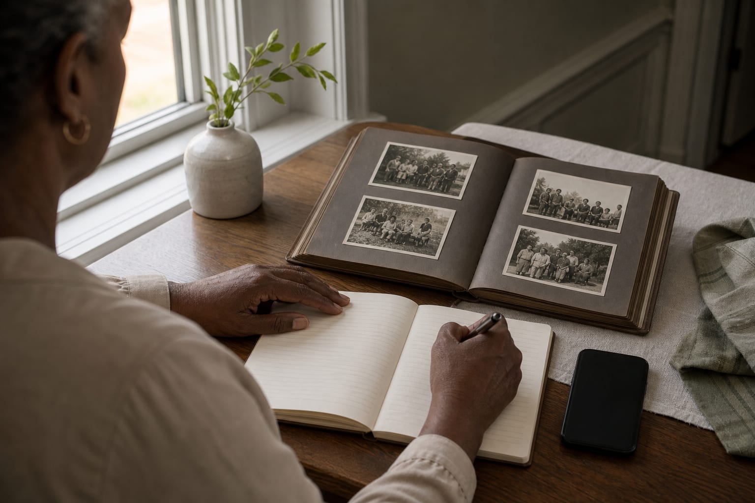 Hands writing a personal memory beside a family album