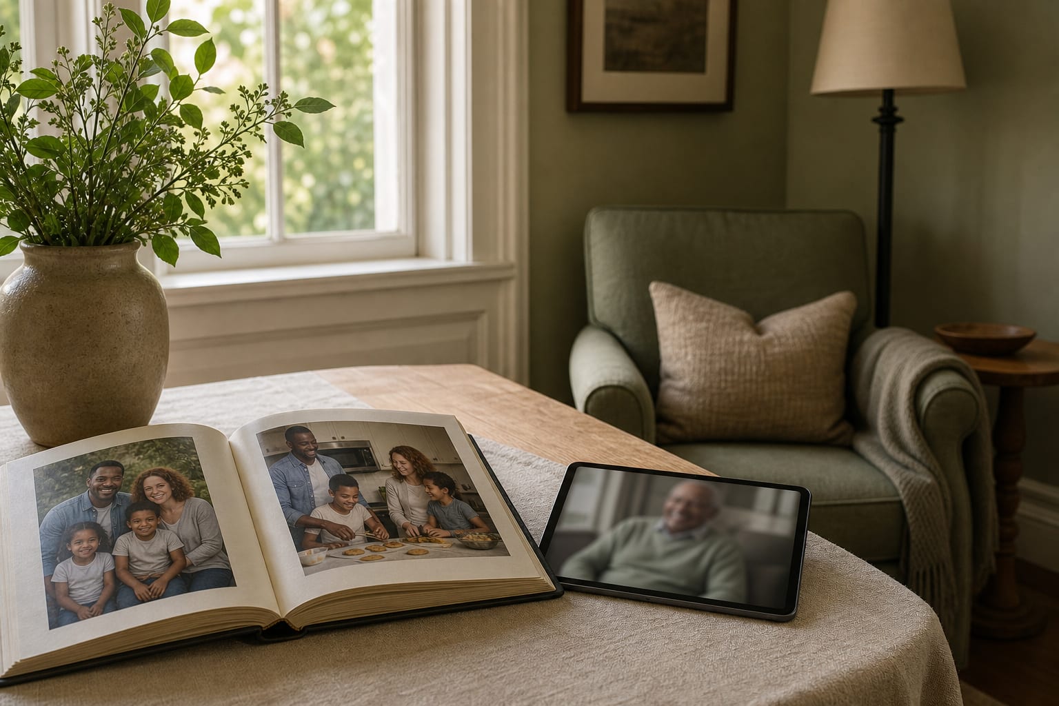 An open family album beside a tablet in a sunlit home