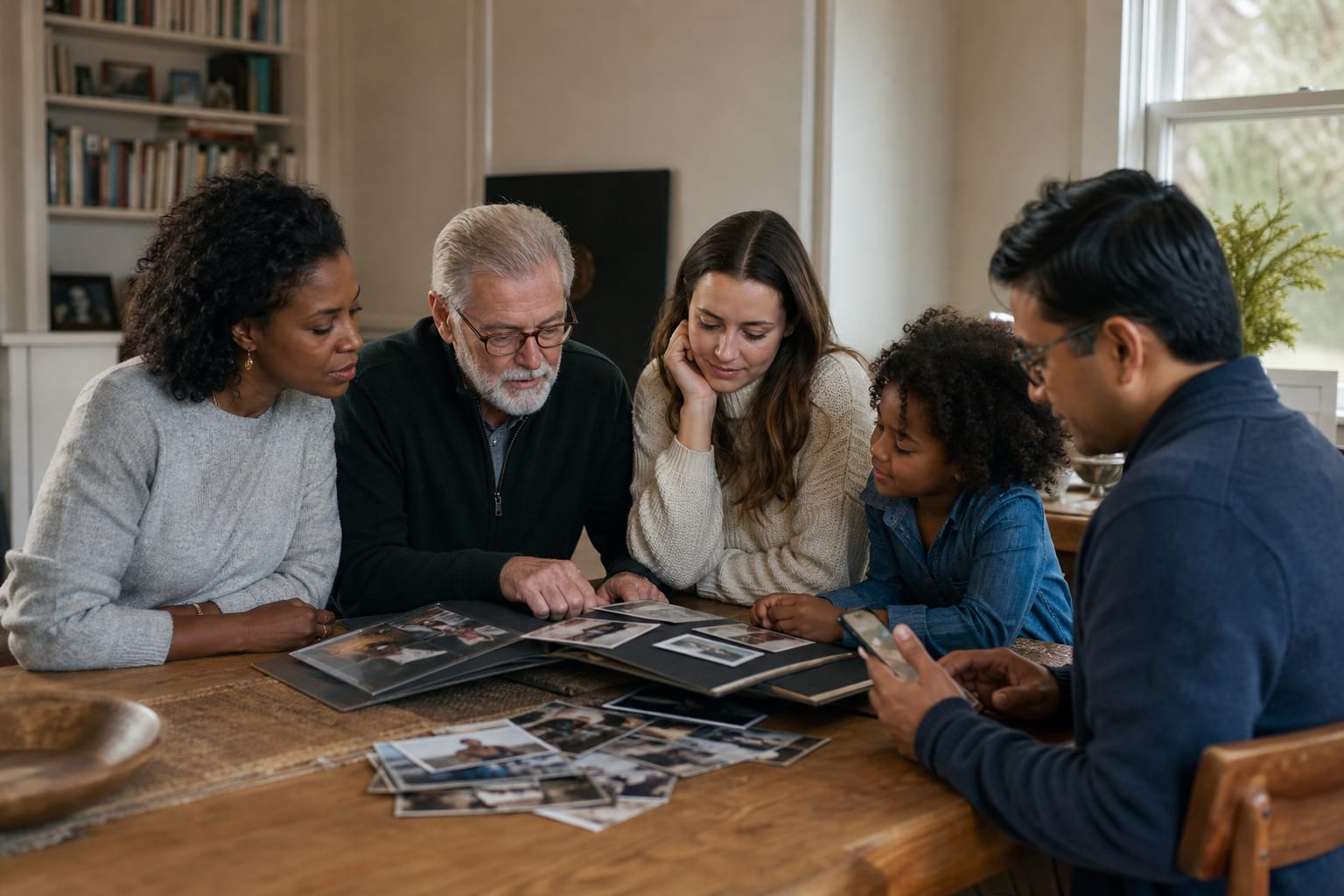 A diverse multi-generational family gathering photographs around a Western dining table