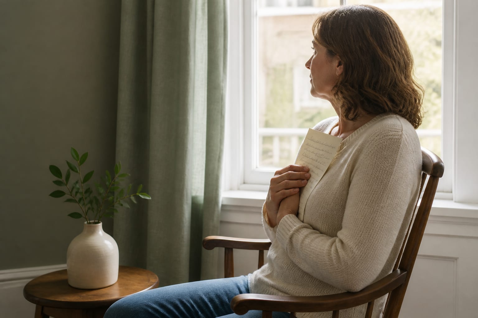 A person by a window holding a handwritten letter close