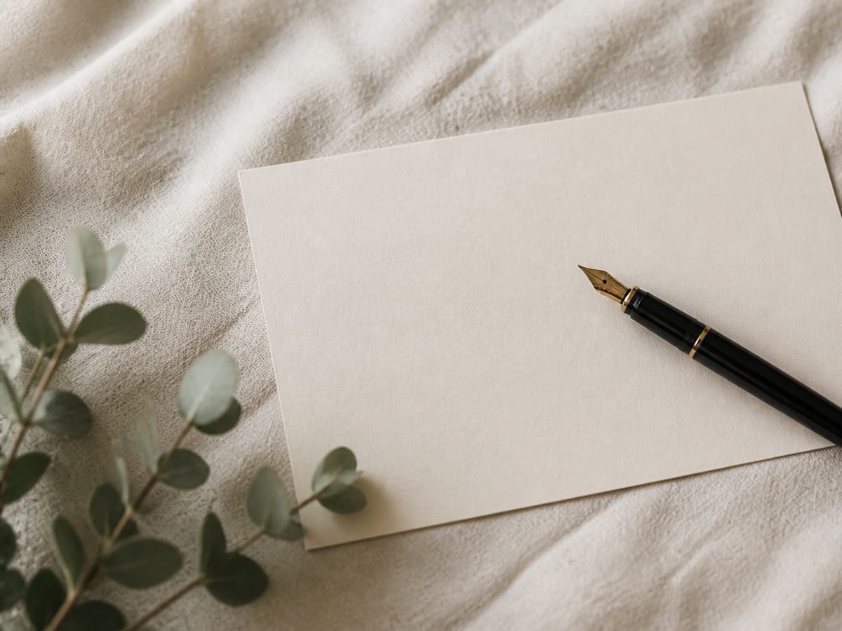 A blank card and fountain pen on linen, ready for a name