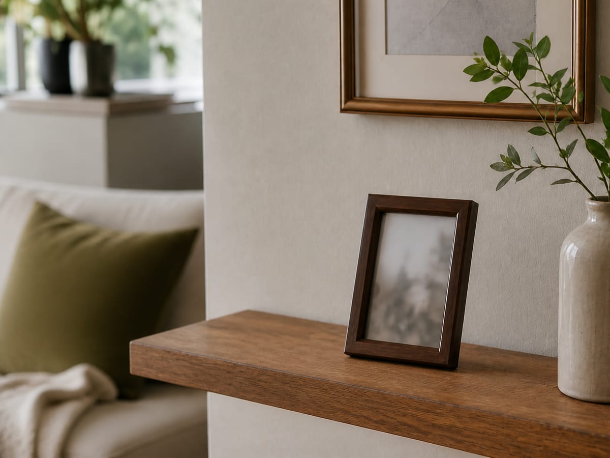 A framed photograph on a wooden shelf beside a small vase